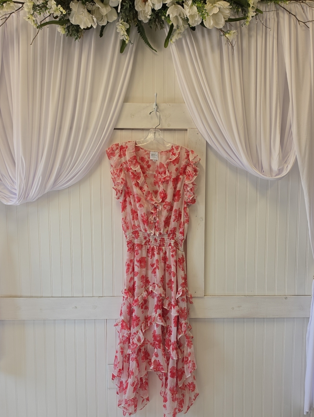 Misa Los Angeles Dakota Pink Red Rose Floral Print Ruffle Midi Dress Size M